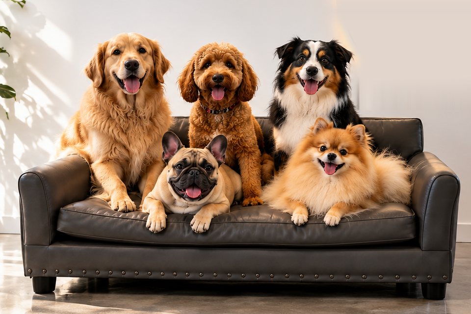 Five dogs relaxing on a sofa at Dog Park Day Care