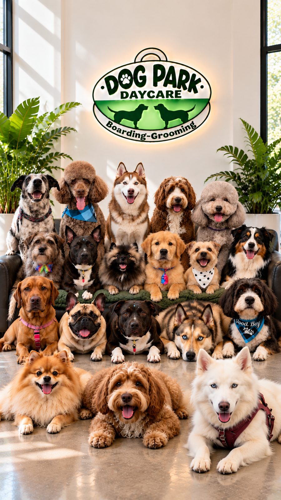 A big group of happy dogs under the Dog Park Daycare sign