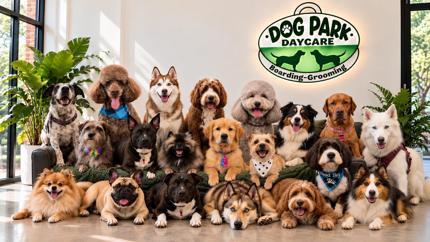 A big group of happy dogs under the Dog Park Daycare sign