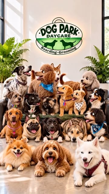 The whole Dog Park Daycare pack posing together under our glowing logo sign