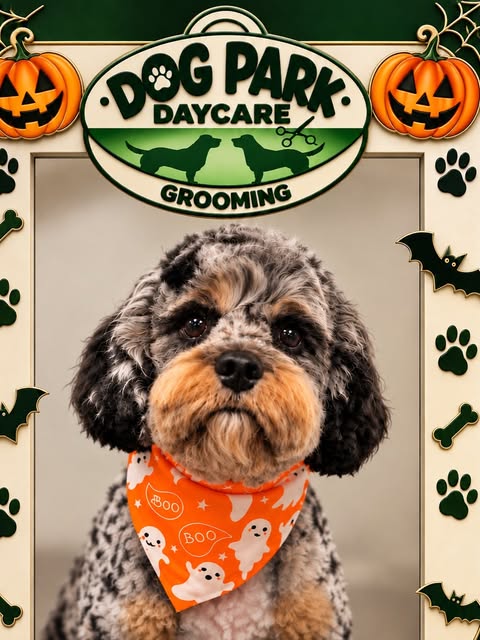 Freshly groomed doodle in an orange Halloween bandana inside a pumpkin photo frame