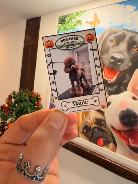 Maple's Dog Park photo card held up in our lobby, with smiling dogs behind it